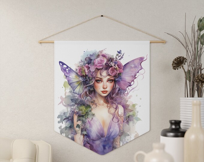 Butterfly Fairy Wall Hanging, Pennant Wall Art, 18"x21" Inch Poly Twill Hanging Pennant, Boho Watercolor Fairy Wall Hanging