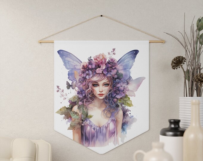 Butterfly Fairy Wall Hanging, Pennant Wall Art, 18"x21" Inch Poly Twill Hanging Pennant, Boho Watercolor Fairy Wall Hanging