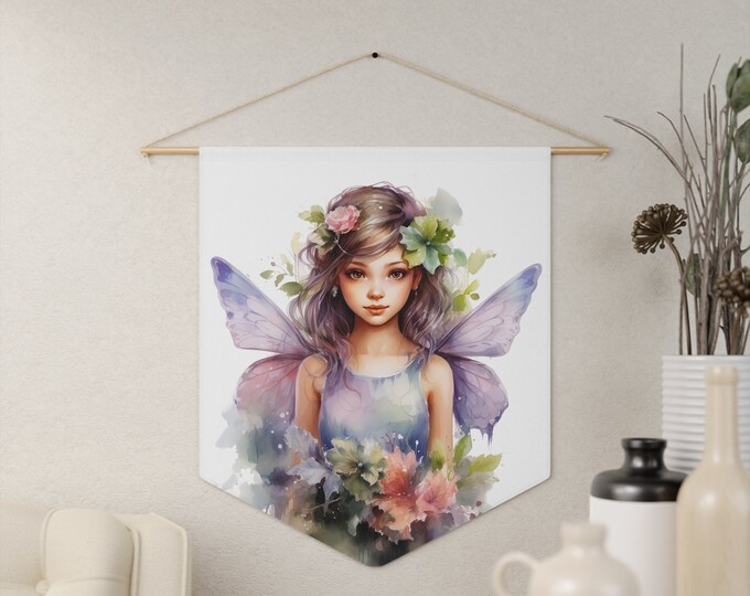 Butterfly Fairy Wall Hanging, Pennant Wall Art, 18"x21" Inch Poly Twill Hanging Pennant, Boho Watercolor Fairy Wall Hanging