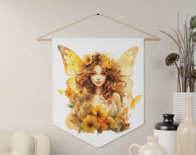 Sunflower Butterfly Fairy Wall Hanging, Pennant Wall Art, 18"x21" Inch Poly Twill Hanging Pennant, Boho Watercolor Fairy Wall Hanging