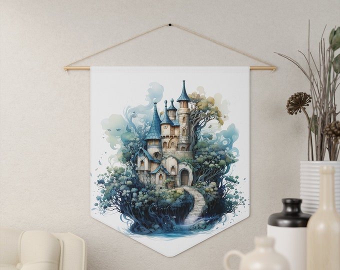 Fantasy Castle Wall Hanging, Pennant Wall Art, 18"x21" Inch Poly Twill Hanging Pennant, Boho Watercolor Castle Wall Hanging