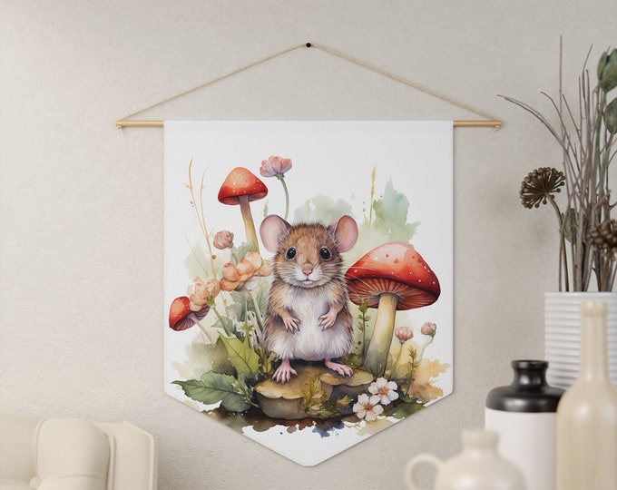 Mushrooms Mouse Wall Hanging, Pennant Wall Art, 18"x21" Inch Poly Twill Hanging Pennant, Boho Cottagecore Mouse Wall Hanging