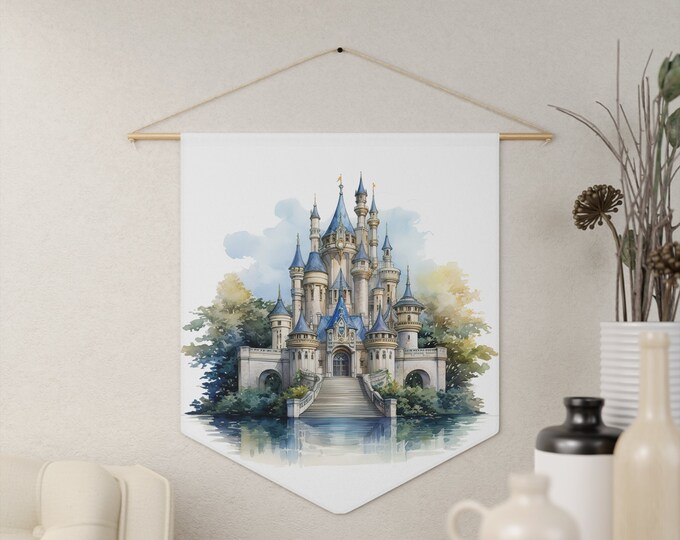 Fantasy Castle Wall Hanging, Pennant Wall Art, 18"x21" Inch Poly Twill Hanging Pennant, Boho Watercolor Castle Wall Hanging