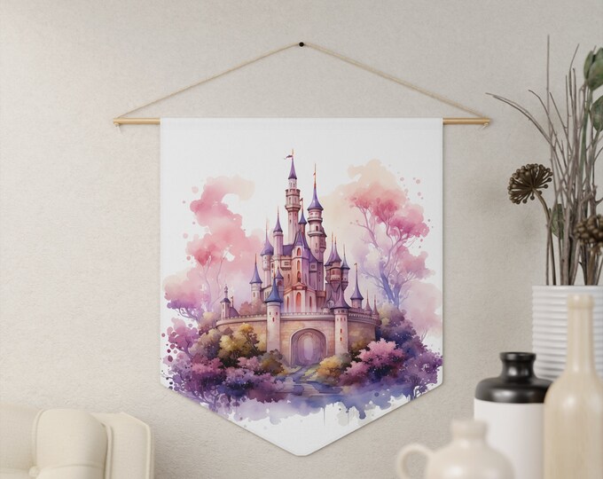 Fantasy Castle Wall Hanging, Pennant Wall Art, 18"x21" Inch Poly Twill Hanging Pennant, Boho Watercolor Castle Wall Hanging