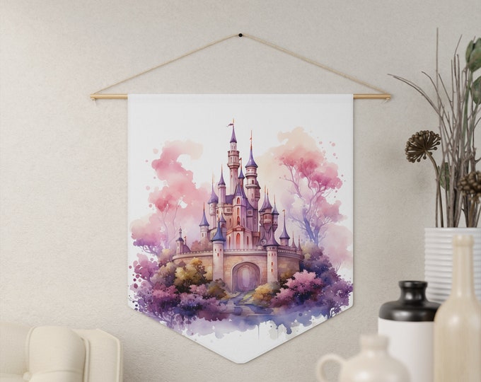 Fantasy Castle Wall Hanging, Pennant Wall Art, 18"x21" Inch Poly Twill Hanging Pennant, Boho Watercolor Castle Wall Hanging