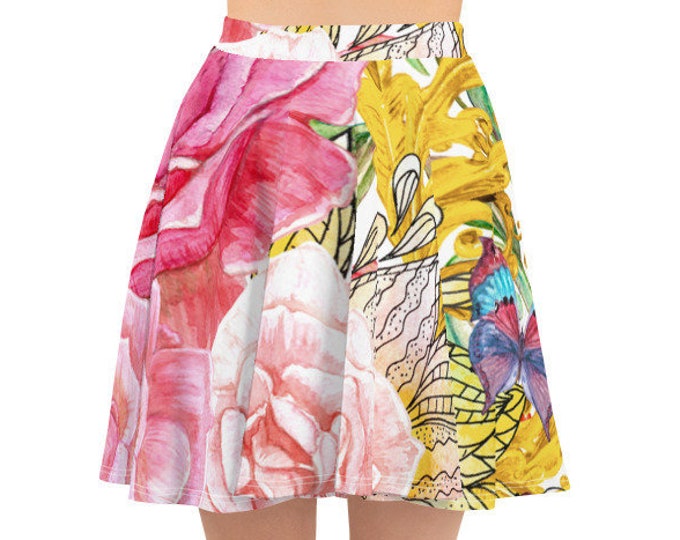 Womens Skater Skirt, Circle Skirt, Flower Floral Butterflies Print Skirt, Custom All Over Print Skirt, XS-3XL Size, Bohemian Hippie Clothing