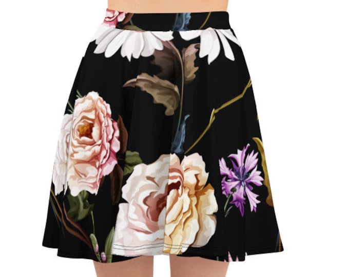 Womens Skater Skirt, Circle Skirt, Roses Flowers Floral Skirt, Custom All Over Print Skirt, XS-3XL Size, Bohemian Hippie Clothing