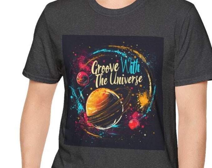 Unisex Softstyle T-Shirt, Groove With the Universe Cotton Tee, Boho Hippie Shirt, Sizes XS-5XL, Men's Women's Retro Apparel Clothing