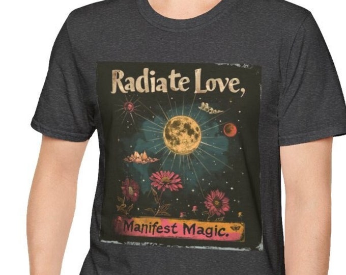 Unisex Softstyle T-Shirt, Radiate Love Magic Cotton Tee, Boho Hippie Shirt, Sizes XS-5XL, Men's Women's Retro Apparel Clothing