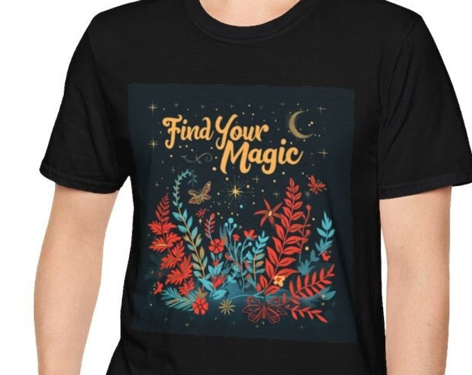 Unisex Softstyle T-Shirt, Find Your Magic Cotton Tee, Boho Hippie Shirt, Sizes XS-5XL, Men's Women's Retro Apparel Clothing