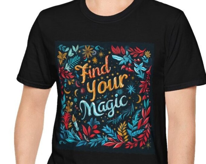 Unisex Softstyle T-Shirt, Find Your Magic Cotton Tee, Boho Hippie Shirt, Sizes XS-5XL, Men's Women's Retro Apparel Clothing