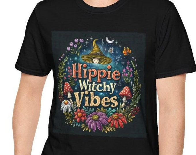 Unisex Softstyle T-Shirt, Hippie Witchy Vibes Cotton Tee, Boho Hippie Shirt, Sizes XS-5XL, Men's Women's Witchy Apparel Clothing