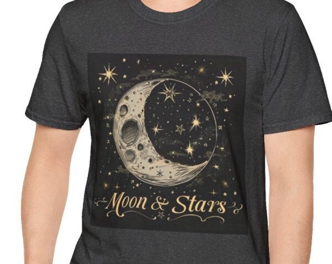 Unisex Softstyle T-Shirt, Moon & Stars Cotton Tee, Boho Hippie Shirt, Sizes XS-5XL, Men's Women's Retro Apparel Clothing