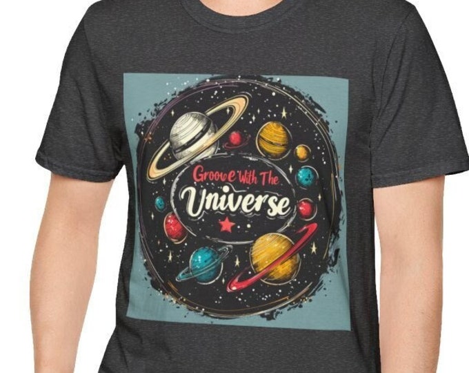 Unisex Softstyle T-Shirt, Groove With the Universe Cotton Tee, Boho Hippie Shirt, Sizes XS-5XL, Men's Women's Retro Apparel Clothing