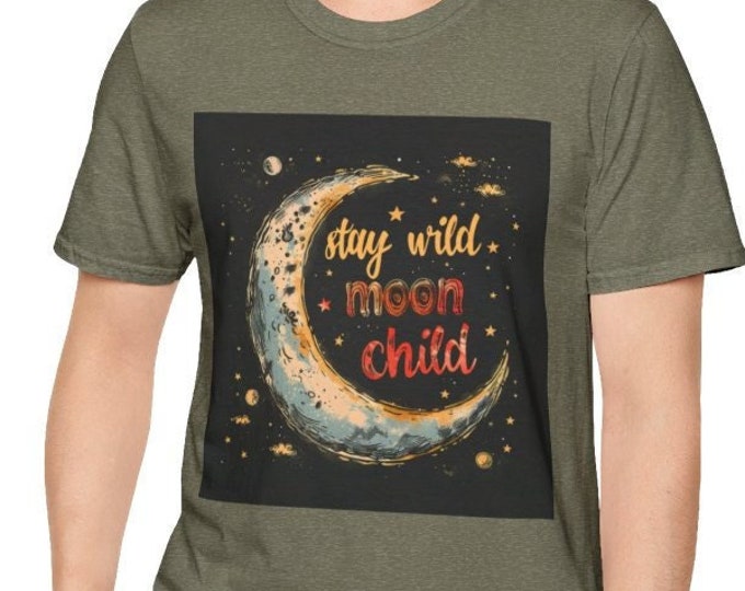 Unisex Softstyle T-Shirt, Stay Wild Moon Child Cotton Tee, Boho Hippie Shirt, Sizes XS-5XL, Men's Women's Retro Apparel Clothing