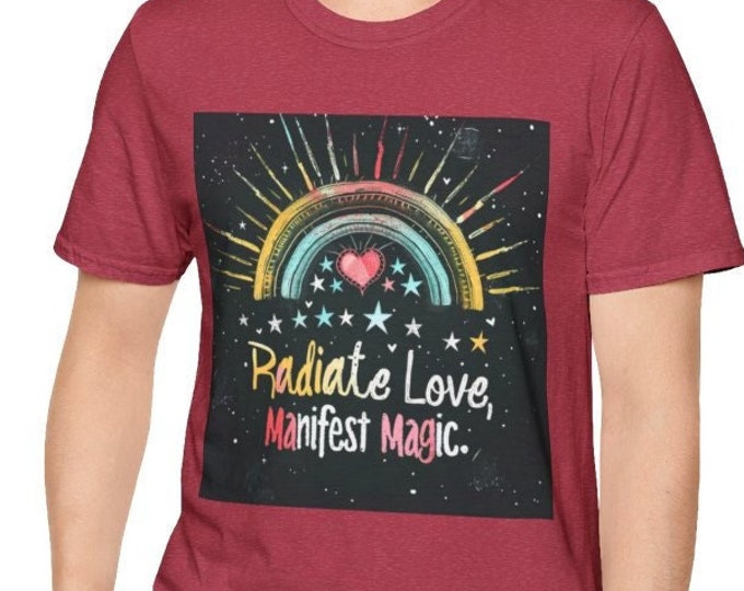Unisex Softstyle T-Shirt, Radiate Love Manifest Magic Cotton Tee, Boho Hippie Shirt, Sizes XS-5XL, Men's Women's Retro Apparel Clothing