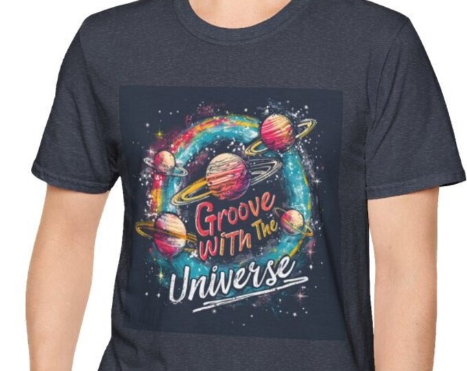 Unisex Softstyle T-Shirt, Groove With the Universe Cotton Tee, Boho Hippie Shirt, Sizes XS-5XL, Men's Women's Retro Apparel Clothing