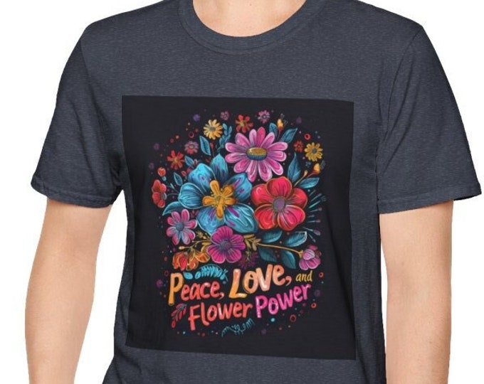Unisex Softstyle T-Shirt, Peace Love Flower Power Cotton Tee, Boho Hippie Shirt, Sizes XS-5XL, Men's Women's Retro Apparel Clothing