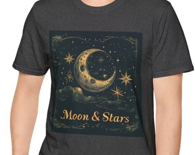 Unisex Softstyle T-Shirt, Moon & Stars Cotton Tee, Boho Hippie Shirt, Sizes XS-5XL, Men's Women's Retro Apparel Clothing