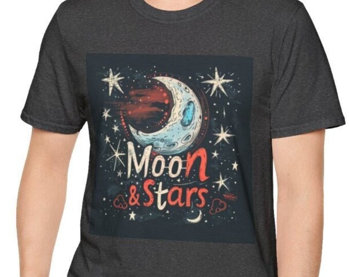 Unisex Softstyle T-Shirt, Moon & Stars Cotton Tee, Boho Hippie Shirt, Sizes XS-5XL, Men's Women's Retro Apparel Clothing