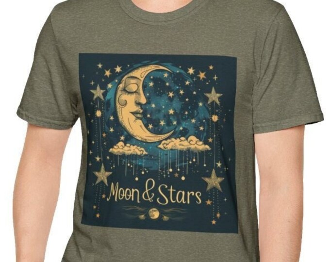 Unisex Softstyle T-Shirt, Moon & Stars Cotton Tee, Boho Hippie Shirt, Sizes XS-5XL, Men's Women's Retro Apparel Clothing