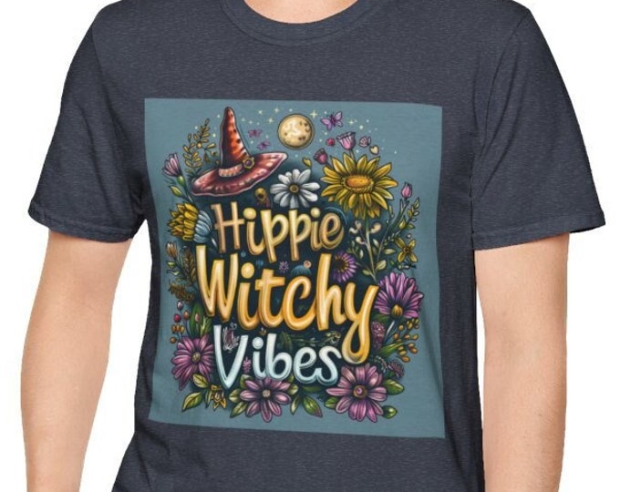 Unisex Softstyle T-Shirt, Hippie Witchy Vibes Cotton Tee, Boho Hippie Shirt, Sizes XS-5XL, Men's Women's Retro Apparel Clothing