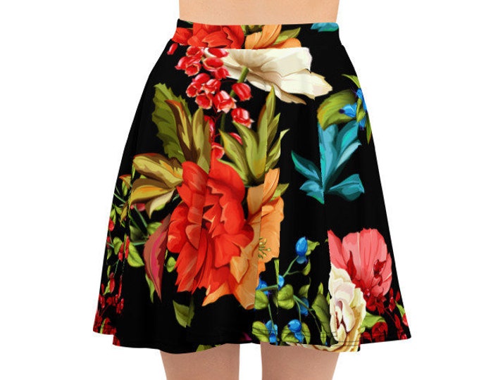 Womens Skater Skirt, Circle Skirt, Roses Flowers Floral Skirt, Custom All Over Print Skirt, XS-3XL Size, Bohemian Hippie Clothing