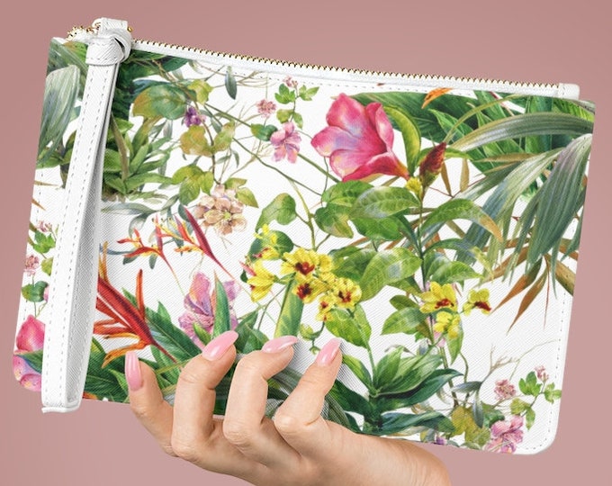 Vegan Leather Lined Clutch Bag, Floral Flowers Zipper Bag, PU Vegan Leather Zipper Cosmetic Bag, Makeup Accessory Toiletries Travel Bag