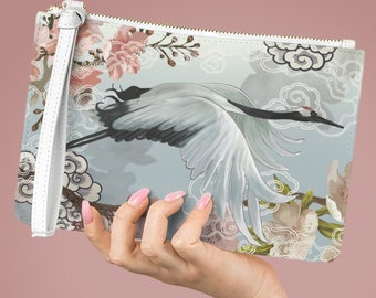 Fashion Mini Shell Velvet Tassel Clutch Bag Embroidered Cranes Birds Wide Strap 