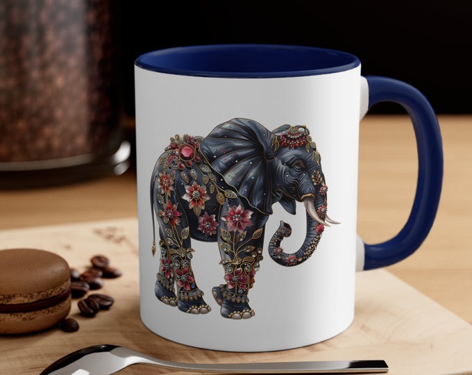 Ceramic Coffee Mug, 11oz Boho Coffee Cup, Bejeweled Elephant Drink Mug, Choose from 5 Colors!