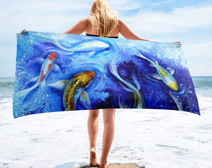 Large Beach Towel, 30 x 60 Inch Towel, Bath Towel, Japanese Koi Fish Towel, Custom Print Towel, Asian Art Designer Towel, Premium Towel