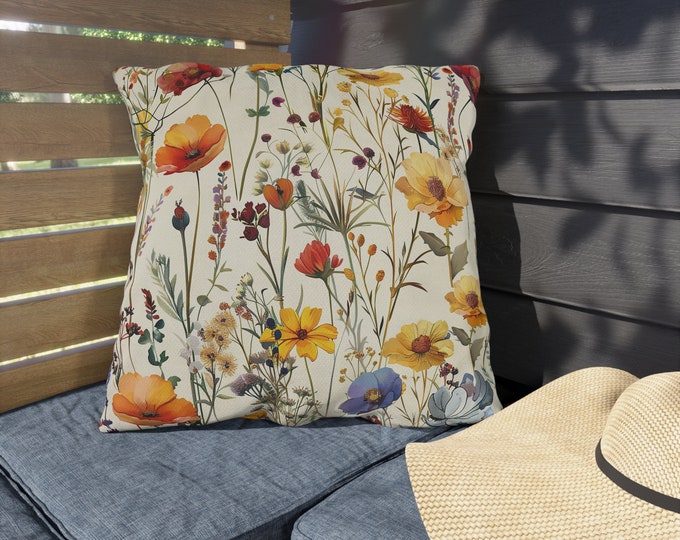 Boho Floral Print Outdoor Decorative Pillow, CHOOSE Your SIZE, UV Resistant Outdoor Pillow, Colorful Pillow Decor, Water Resistant Pillow