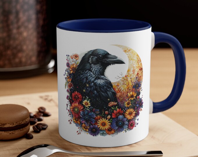 Ceramic Coffee Mug, 11oz Boho Coffee Cup, Raven with Flowers Drink Mug, Choose from 5 Colors!