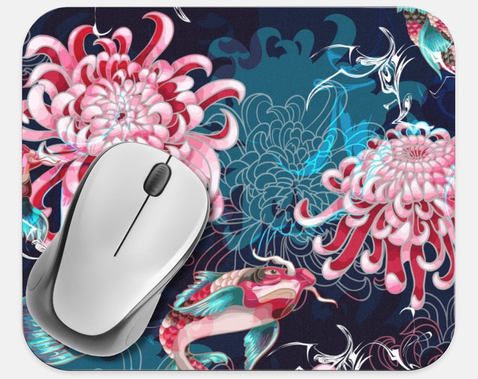 Japanese Floral Mouse Pad, Koi Fish Mouse Pad, Computer Accessories, Tech Desk Supplies, Boho Bohemian Hippie Mouse Pad, Neoprene Mouse Pad