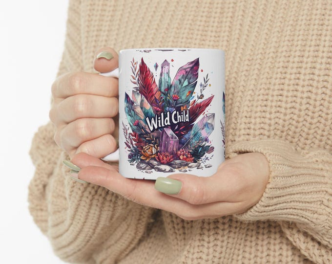 Wild Child Ceramic Coffee Mug, 11oz 15oz Boho Coffee Cup, Hippie Design Drink Mug, Ceramic Coffee Mug