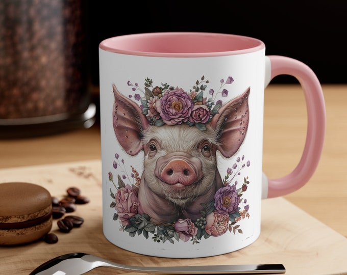 Ceramic Coffee Mug, 11oz Boho Coffee Cup, Piggy with Flowers Drink Mug, Choose from 5 Colors!