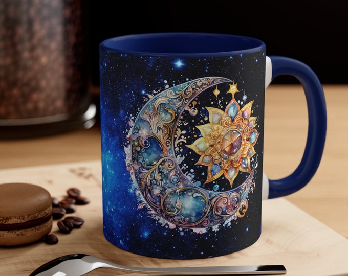 Ceramic Coffee Mug, 11oz Boho Coffee Cup, Hippie Galaxy Celestial Sun Moon Stars Drink Mug, Choose from 5 Colors!