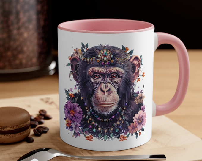 Ceramic Coffee Mug, 11oz Boho Coffee Cup, Monkey with Flowers Drink Mug, Choose from 5 Colors!