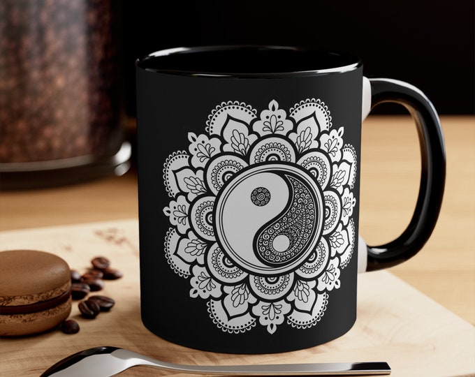 Ceramic Coffee Mug, 11oz Boho Coffee Cup, Mandala Yin Yang Drink Mug, Choose from 5 Colors!