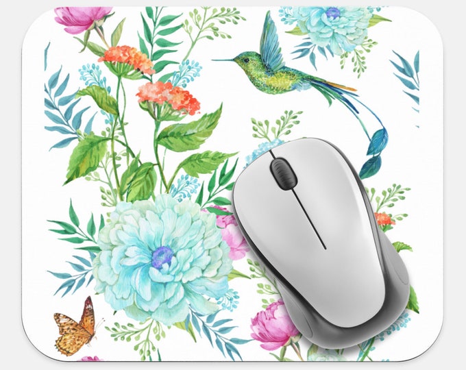 Hummingbird Mouse Pad, Flower Mouse Pad, Computer Accessories, Tech Supplies, Boho Bohemian Hippie Mouse Pad, Neoprene Non Slip Mouse Pad