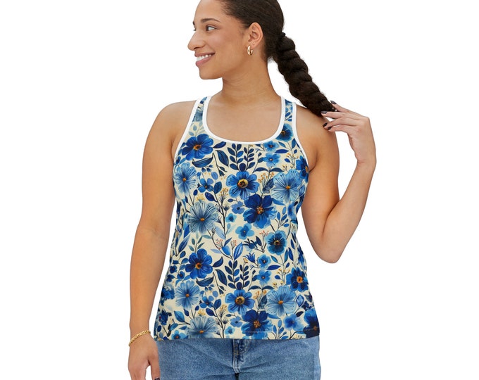 Women's Racerback Tank Top, Floral Tank Top, Silky Polyester Spandex Flowy Tank, Sporty Tank Top, Sizes S-2XL