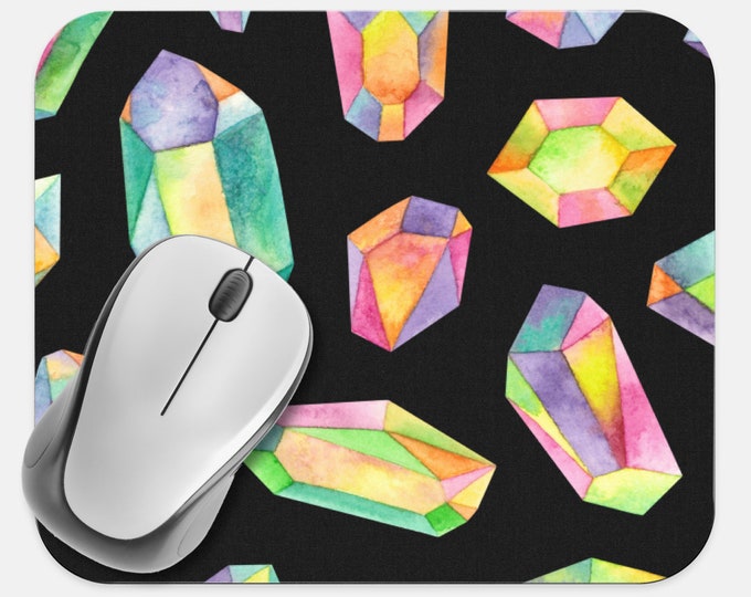 Watercolor Crystals Mouse Pad, Gems Mouse Pad, Computer Accessories, Tech Desk Supplies, Boho Bohemian Hippie Mouse Pad, Neoprene Mouse Pad