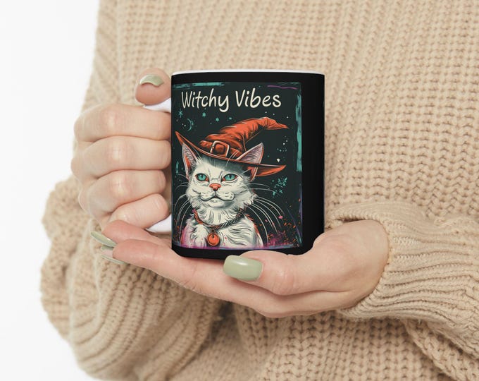 Witchy Vibes Ceramic Coffee Mug, 11oz 15oz Boho Coffee Cup, Hippie Design Drink Mug, Psychic Witchy Cat Mug