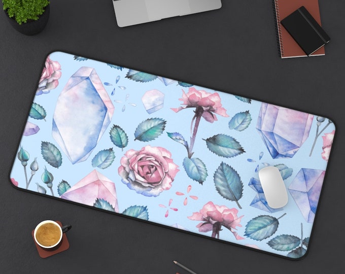 LARGE Crystals Roses Floral Desk Mat, 3 Sizes Non Slip Desk Pad, Office Computer Tech Supplies, Boho Bohemian Hippie Neoprene Desk Pad