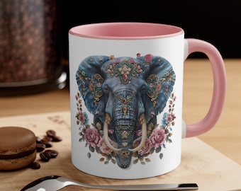 Ceramic Coffee Mug, 11oz Boho Coffee Cup, Bejeweled Elephant Drink Mug, Choose from 5 Colors!