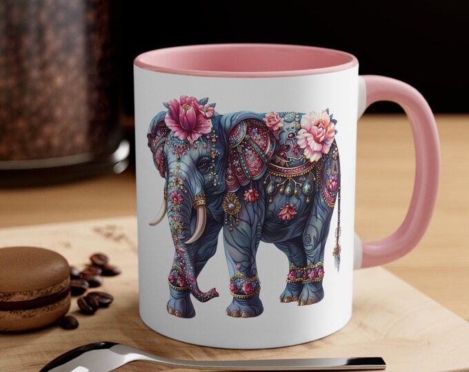 Ceramic Coffee Mug, 11oz Boho Coffee Cup, Bejeweled Elephant Drink Mug, Choose from 5 Colors!