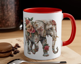 Ceramic Coffee Mug, 11oz Boho Coffee Cup, Bejeweled Elephant Drink Mug, Choose from 5 Colors!