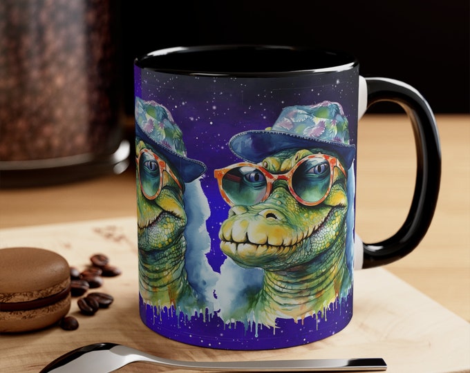 Ceramic Coffee Mug, 11oz Boho Coffee Cup, Hippie Galaxy Alligator Animal Drink Mug, Choose from 5 Colors!