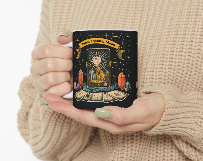 Tarot Crystals Moon Ceramic Coffee Mug, 11oz 15oz Boho Coffee Cup, Hippie Design Drink Mug, Psychic Mug