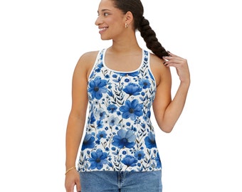 Women's Racerback Tank Top, Floral Tank Top, Silky Polyester Spandex Flowy Tank, Sporty Tank Top, Sizes S-2XL